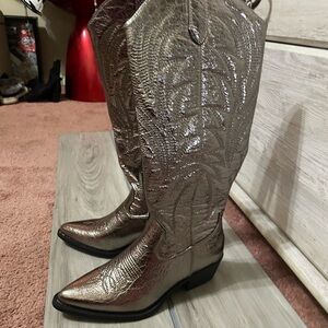 New Women's Silver tall Metallic Cowboy Boots
